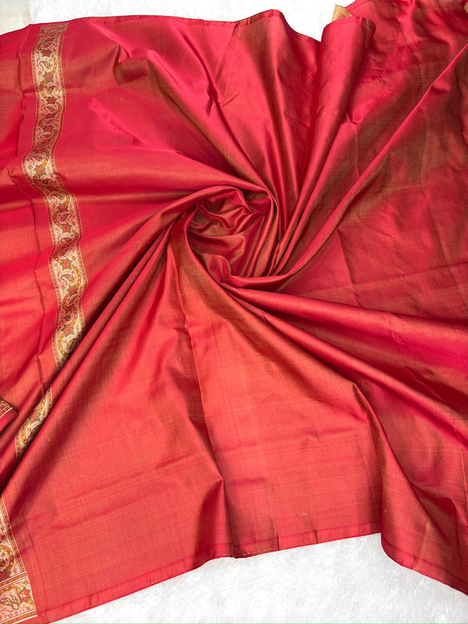 Crimson Red Katan Silk Jamawar Saree with Intricate Pashmina-Style Paisley Motifs