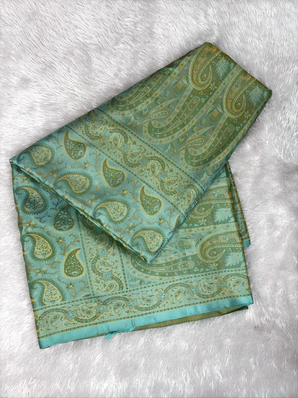 Serene Green Katan Silk Jamawar Saree with Antique Gold Paisley Weave and Elaborate Pallu