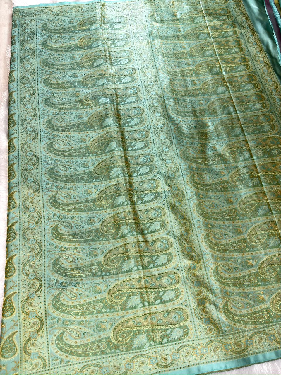 Serene Green Katan Silk Jamawar Saree with Antique Gold Paisley Weave and Elaborate Pallu