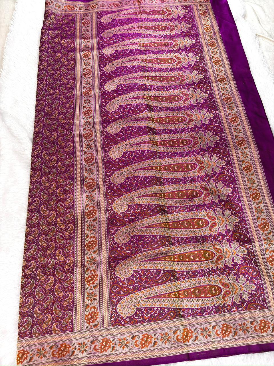 Opulent Royal Magenta Katan Silk Jamawar Saree with Multi-Colored Pashmina-Style Paisley Weave
