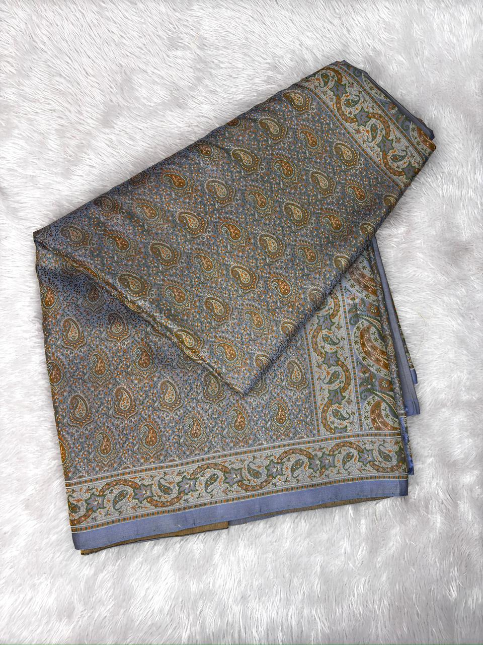 Banarasi Katan Silk Jamawar Saree in Dusty Periwinkle with Antique Zari Paisley Meenakari