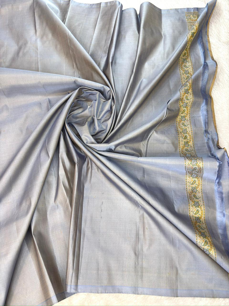 Banarasi Katan Silk Jamawar Saree in Dusty Periwinkle with Antique Zari Paisley Meenakari