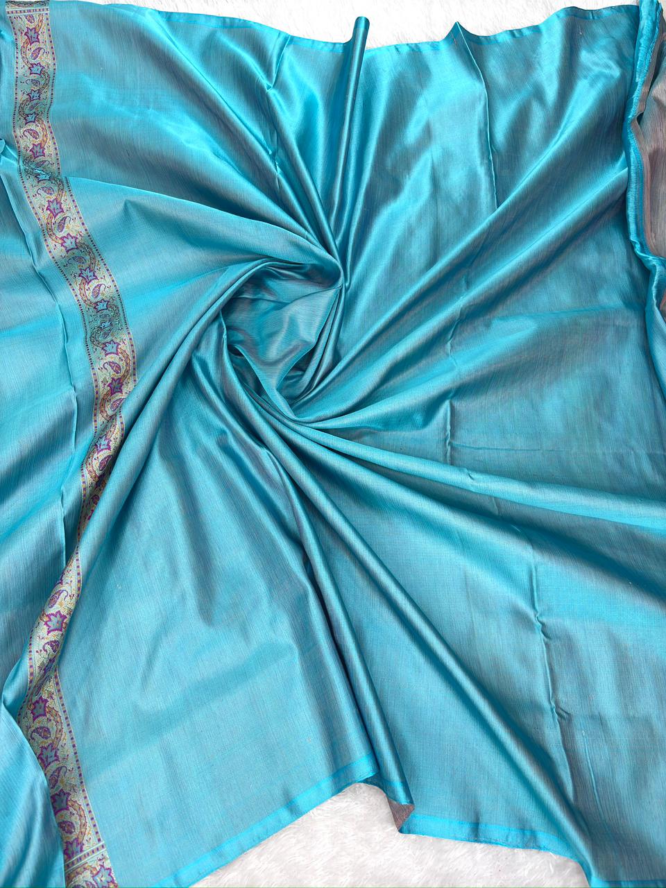 Banarasi Katan Silk Jamawar Saree in Electric Turquoise with Royal Purple Meenakari