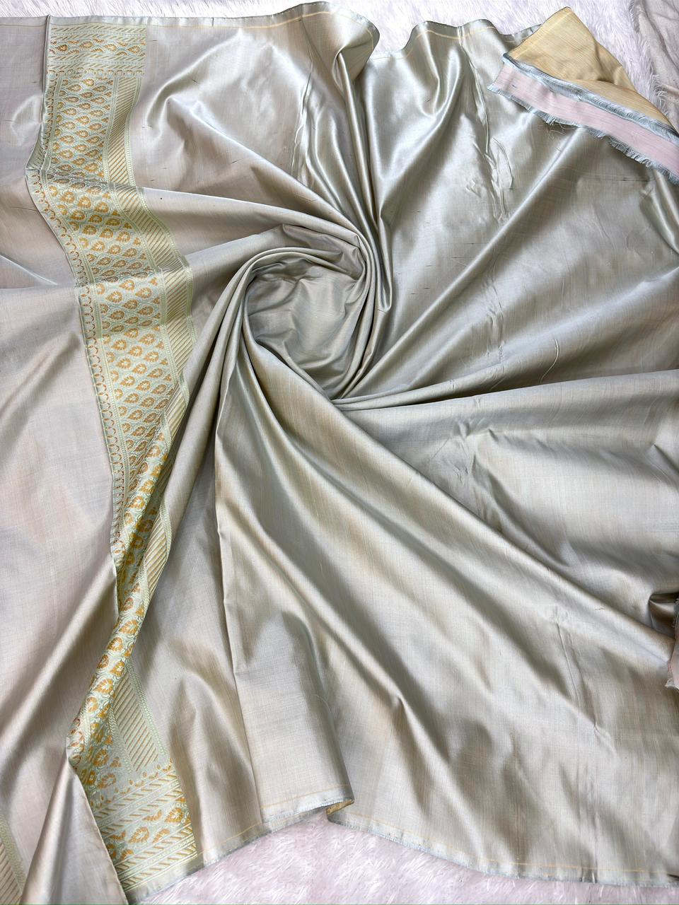 Banarasi Katan Jamawar Floral Meenakari Saree in Champagne Silver with Ochre and Sage Accents