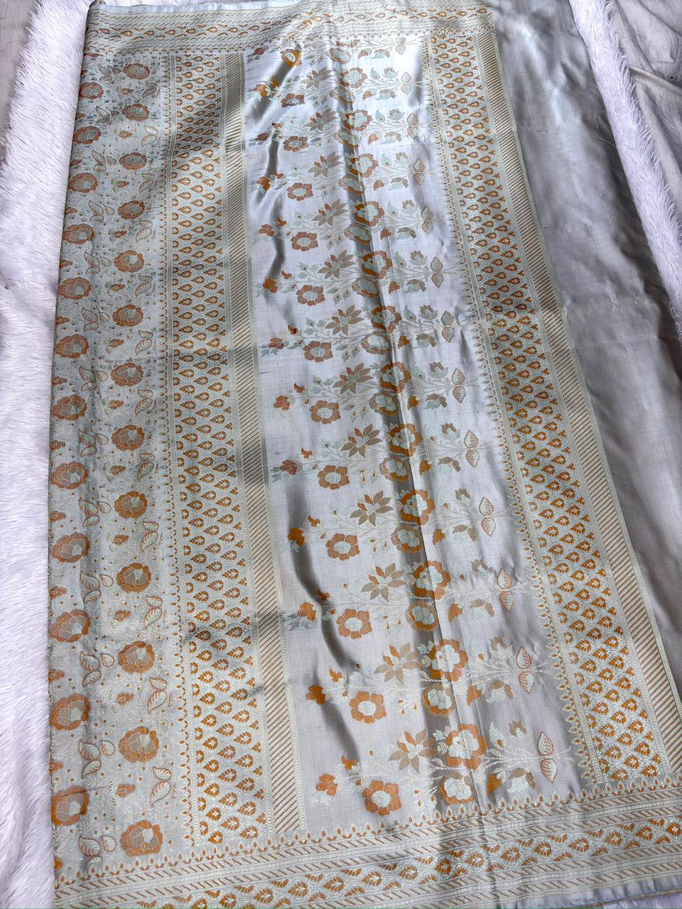 Banarasi Katan Jamawar Floral Meenakari Saree in Champagne Silver with Ochre and Sage Accents