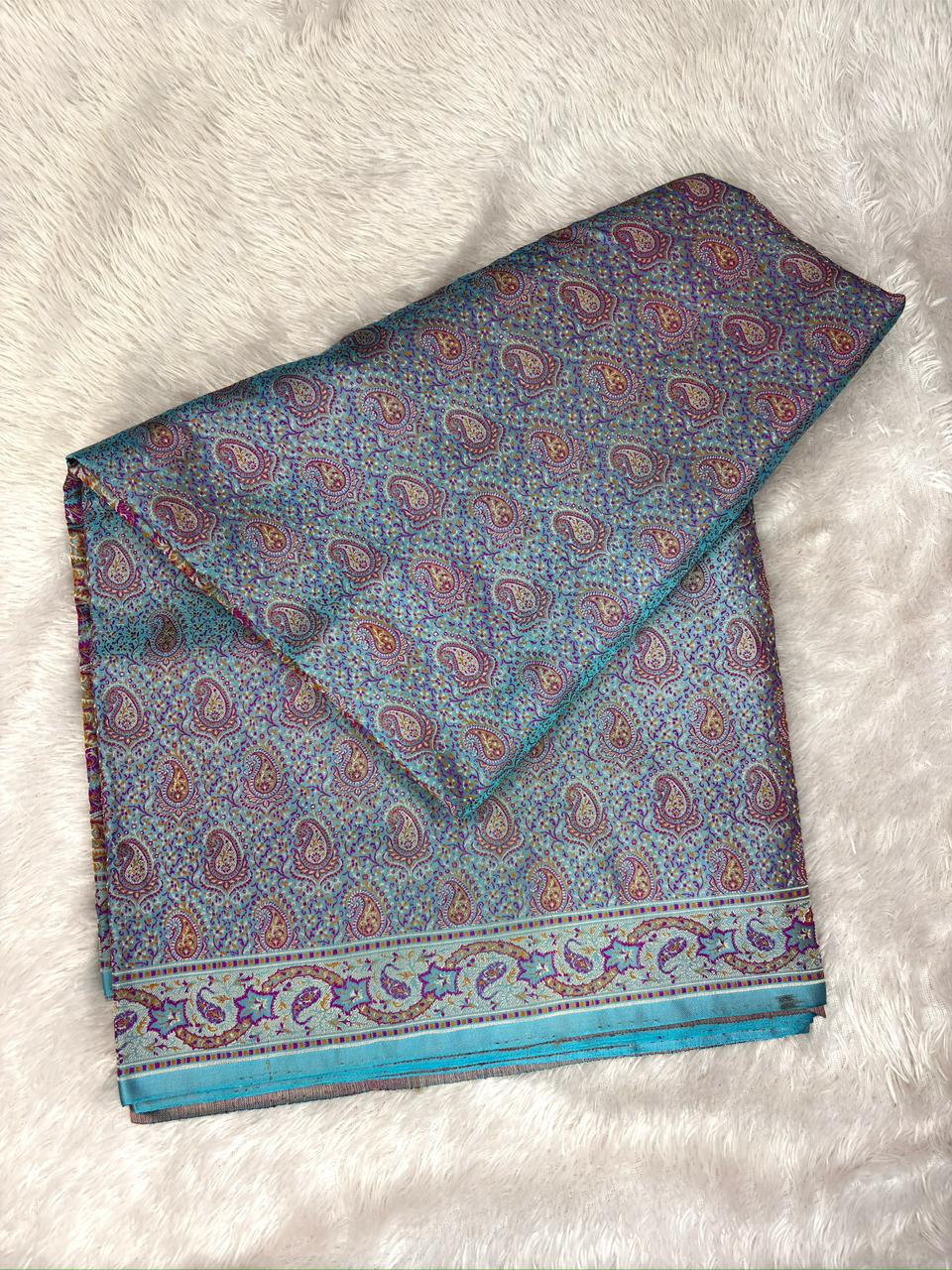Turquoise Azure Katan Silk Jamawar Saree with Multicolored Jamawar Artistry