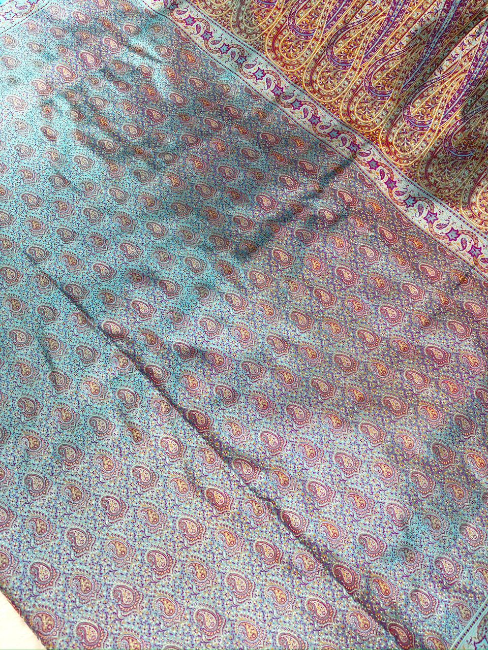Turquoise Azure Katan Silk Jamawar Saree with Multicolored Jamawar Artistry
