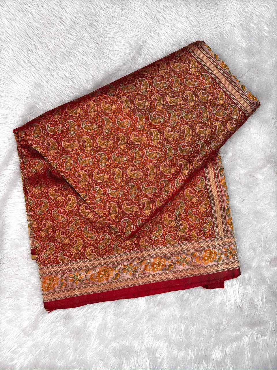 Crimson Red Pure Katan Silk Jamawar Saree with Multi-Color Meenakari Paisley Weave
