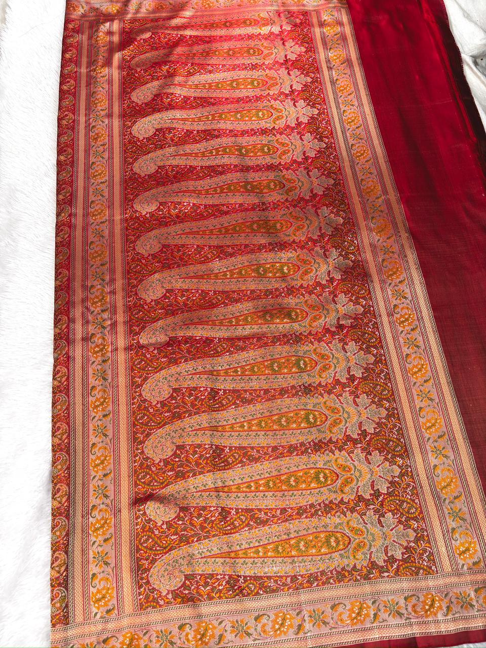 Crimson Red Pure Katan Silk Jamawar Saree with Multi-Color Meenakari Paisley Weave