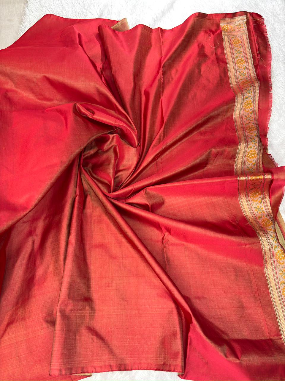 Crimson Red Pure Katan Silk Jamawar Saree with Multi-Color Meenakari Paisley Weave