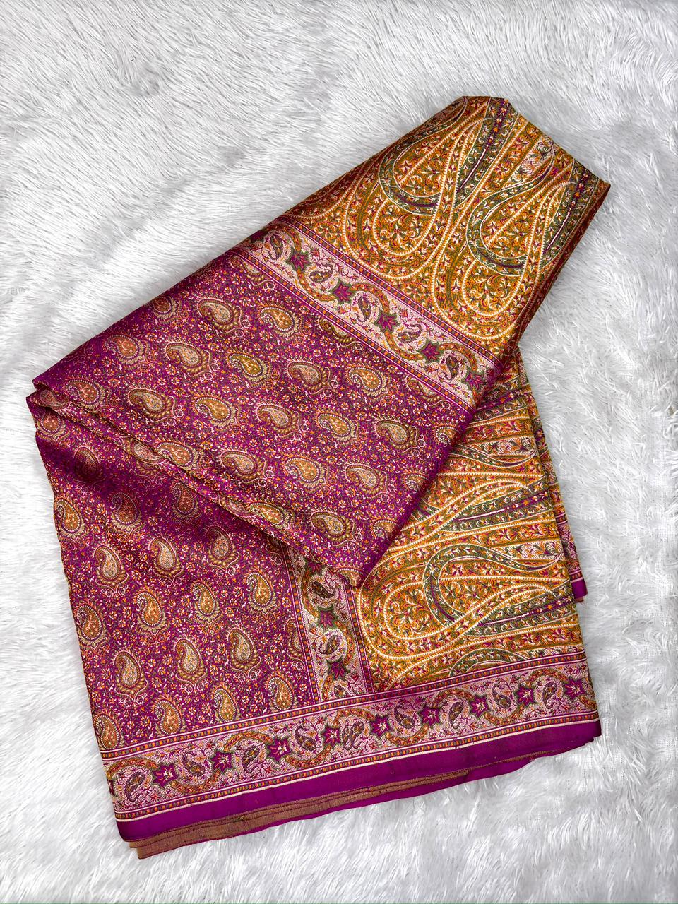 Royal Magenta & Ochre Handloom Katan Silk Jamawar Saree