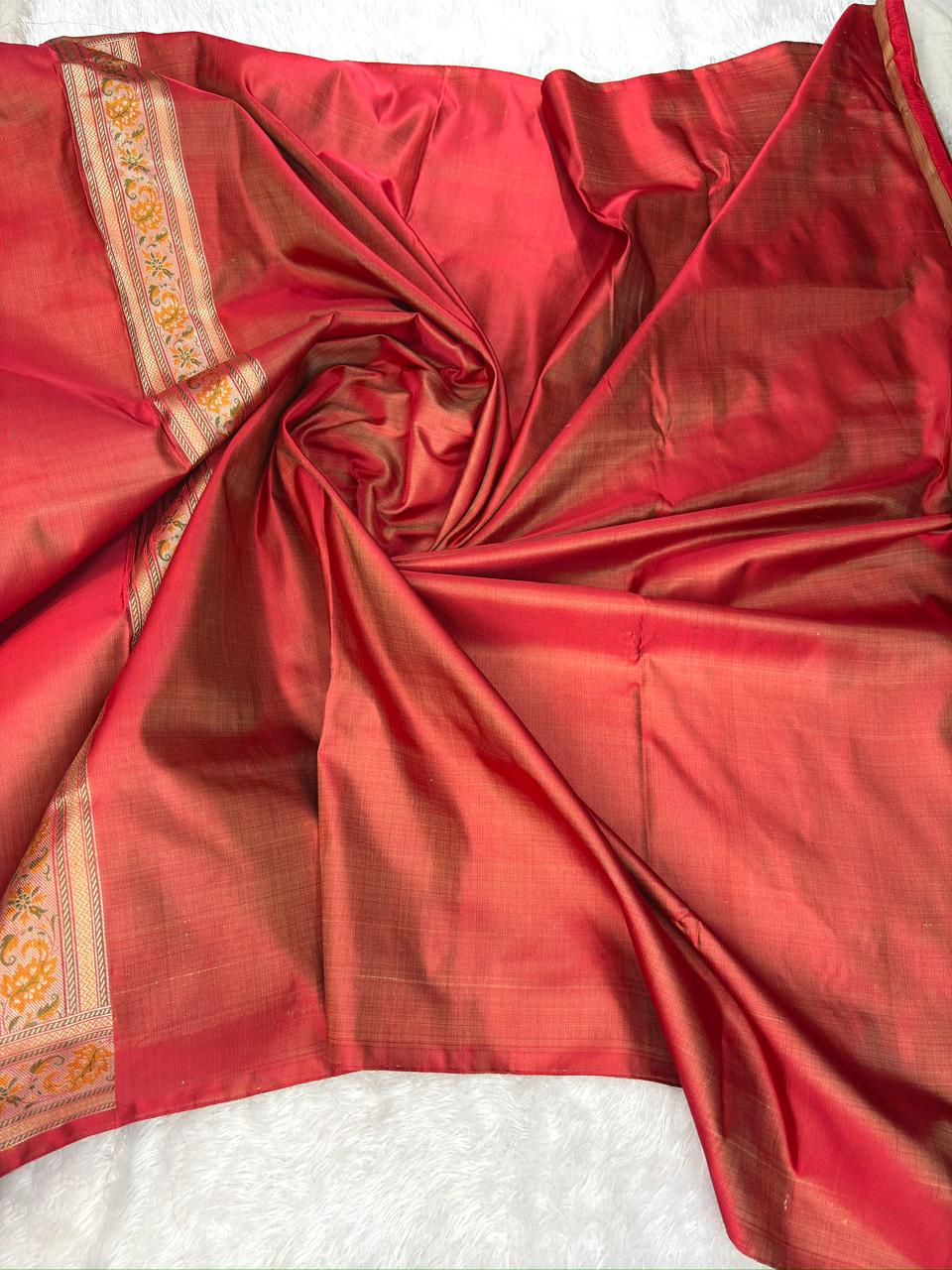Royal Crimson Red Katan Silk Jamawar Handloom Saree
