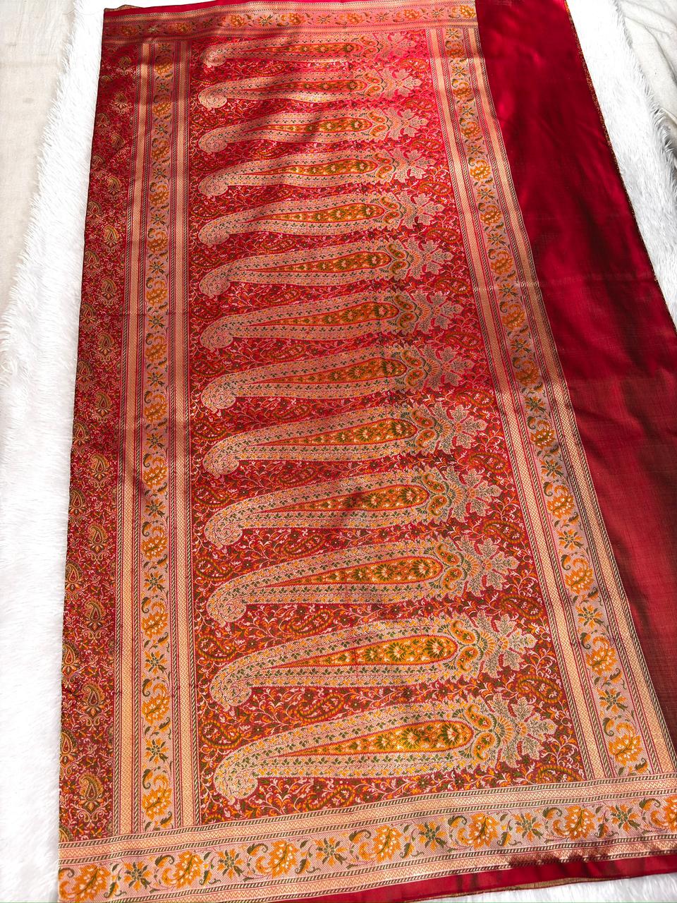 Royal Crimson Red Katan Silk Jamawar Handloom Saree