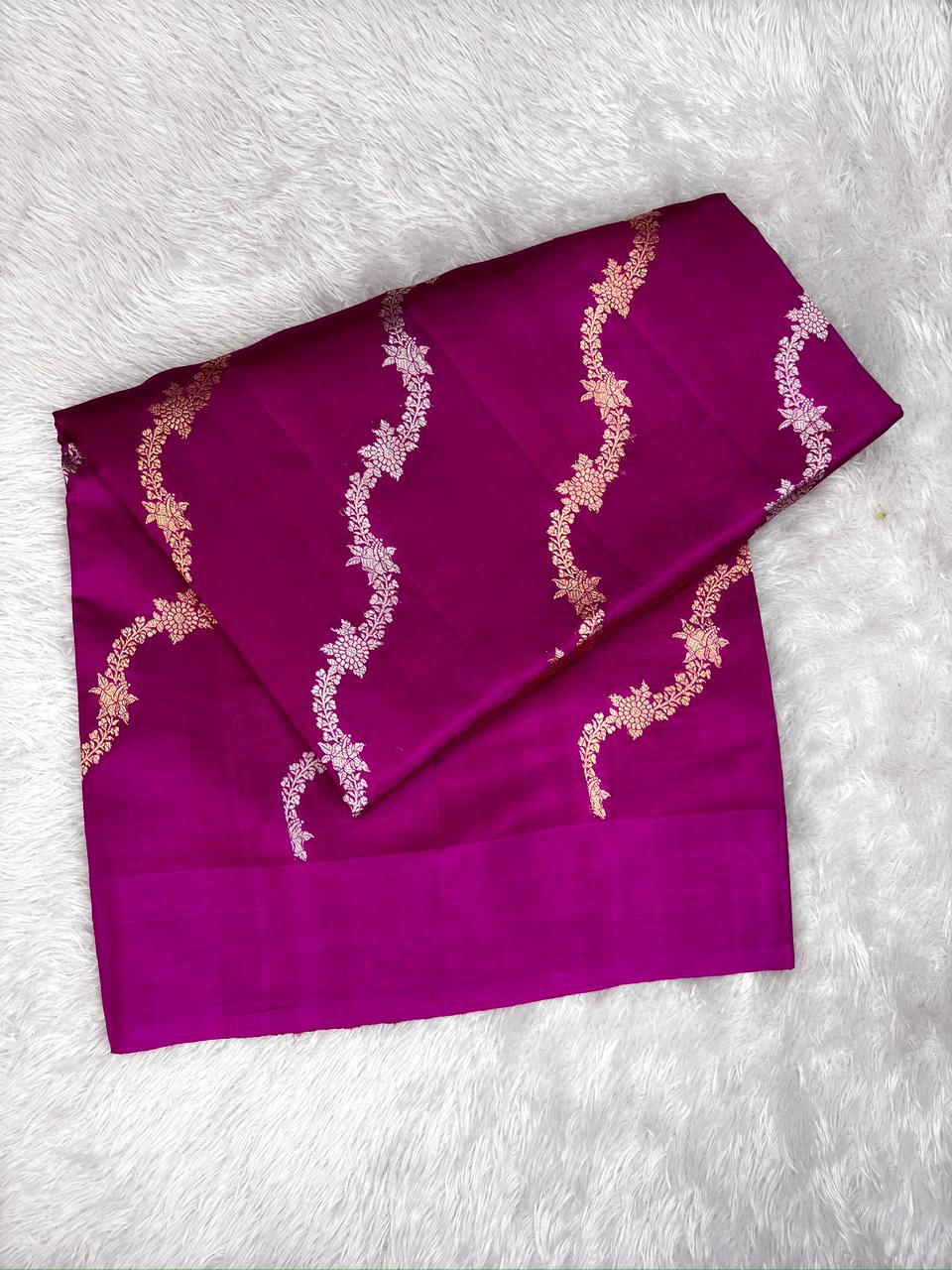 Rani Fuchsia Half-and-Half Katan Kadhua Handloom Saree  Color  Rani Pink / Deep Fuchsia with Antique Gold & Silver Zari