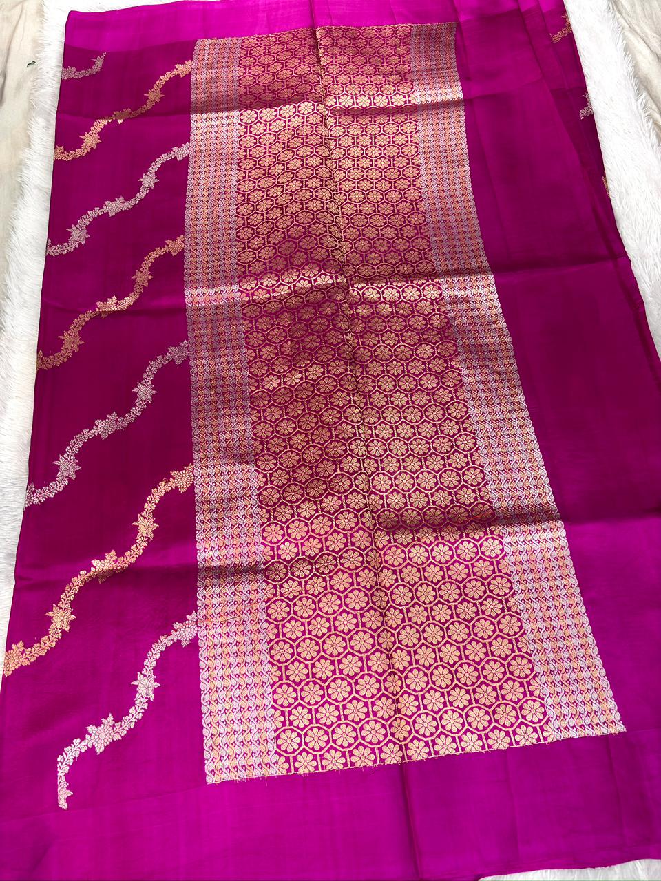 Rani Fuchsia Half-and-Half Katan Kadhua Handloom Saree  Color  Rani Pink / Deep Fuchsia with Antique Gold & Silver Zari