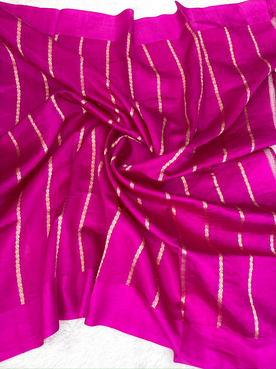 Rani Fuchsia Half-and-Half Katan Kadhua Handloom Saree  Color  Rani Pink / Deep Fuchsia with Antique Gold & Silver Zari