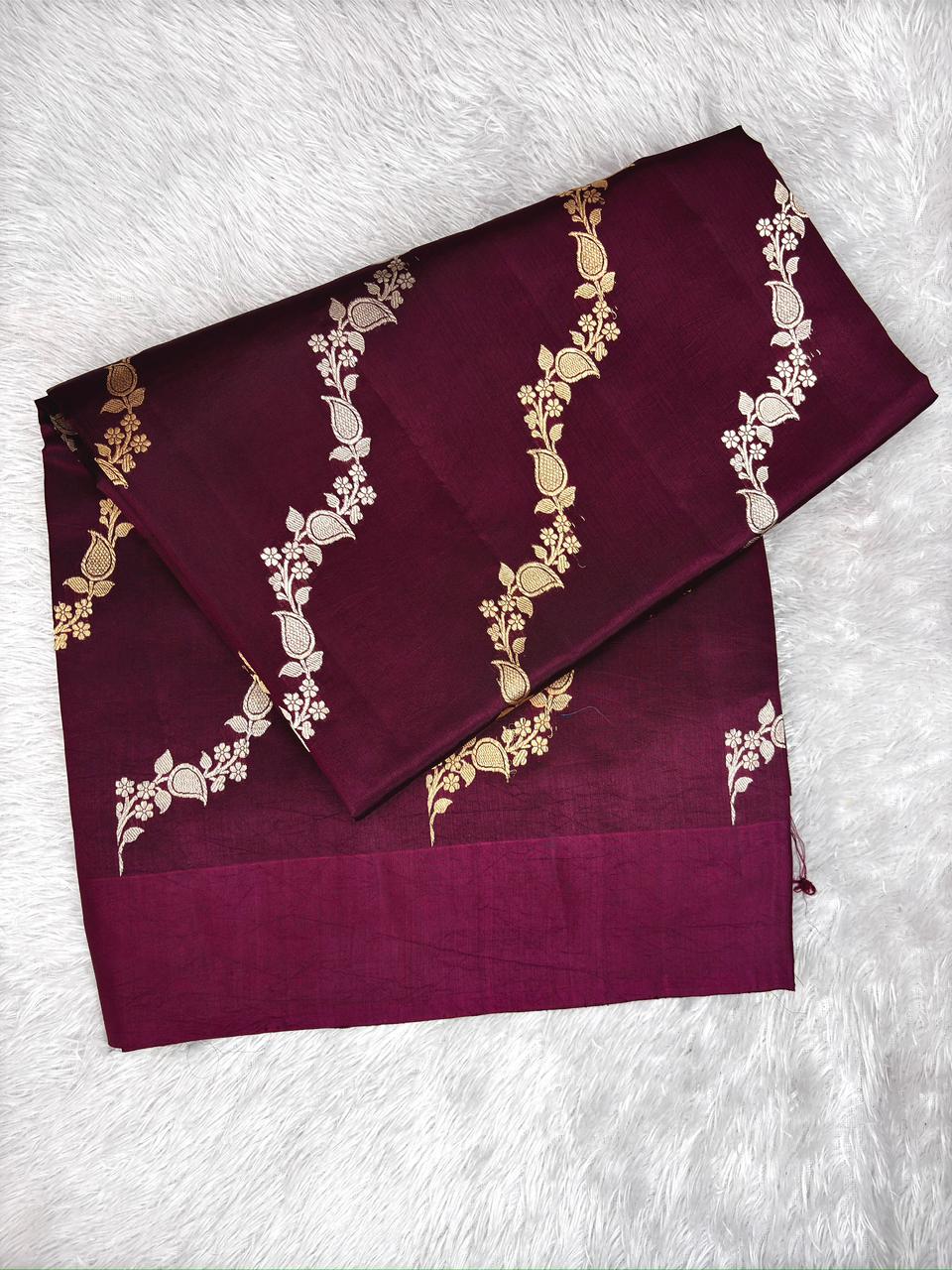 Imperial Wine Half-and-Half Katan Kadhua Handloom Saree  Color  Deep Wine / Rich Maroon with Antique Gold & Silver Zari