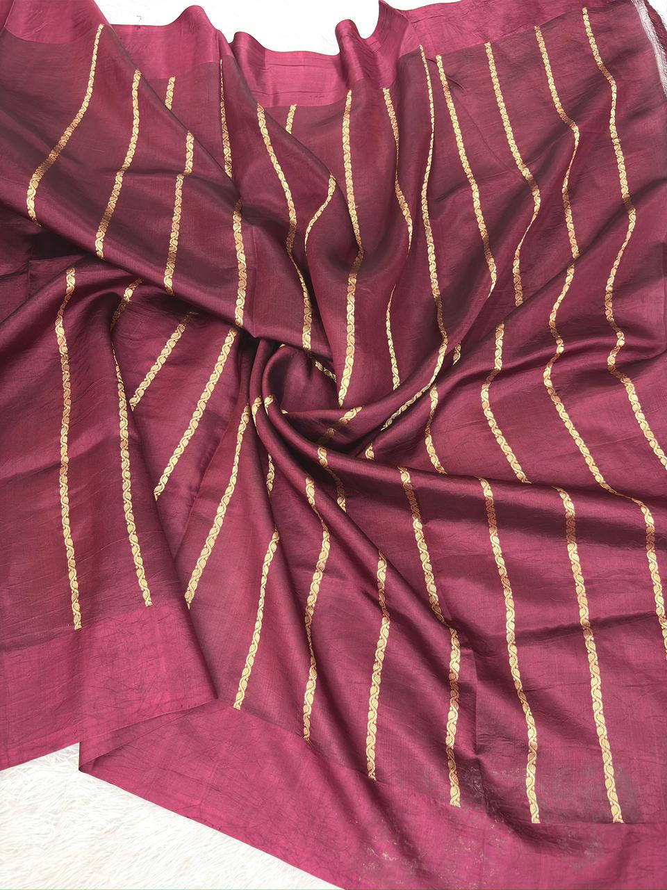 Imperial Wine Half-and-Half Katan Kadhua Handloom Saree  Color  Deep Wine / Rich Maroon with Antique Gold & Silver Zari