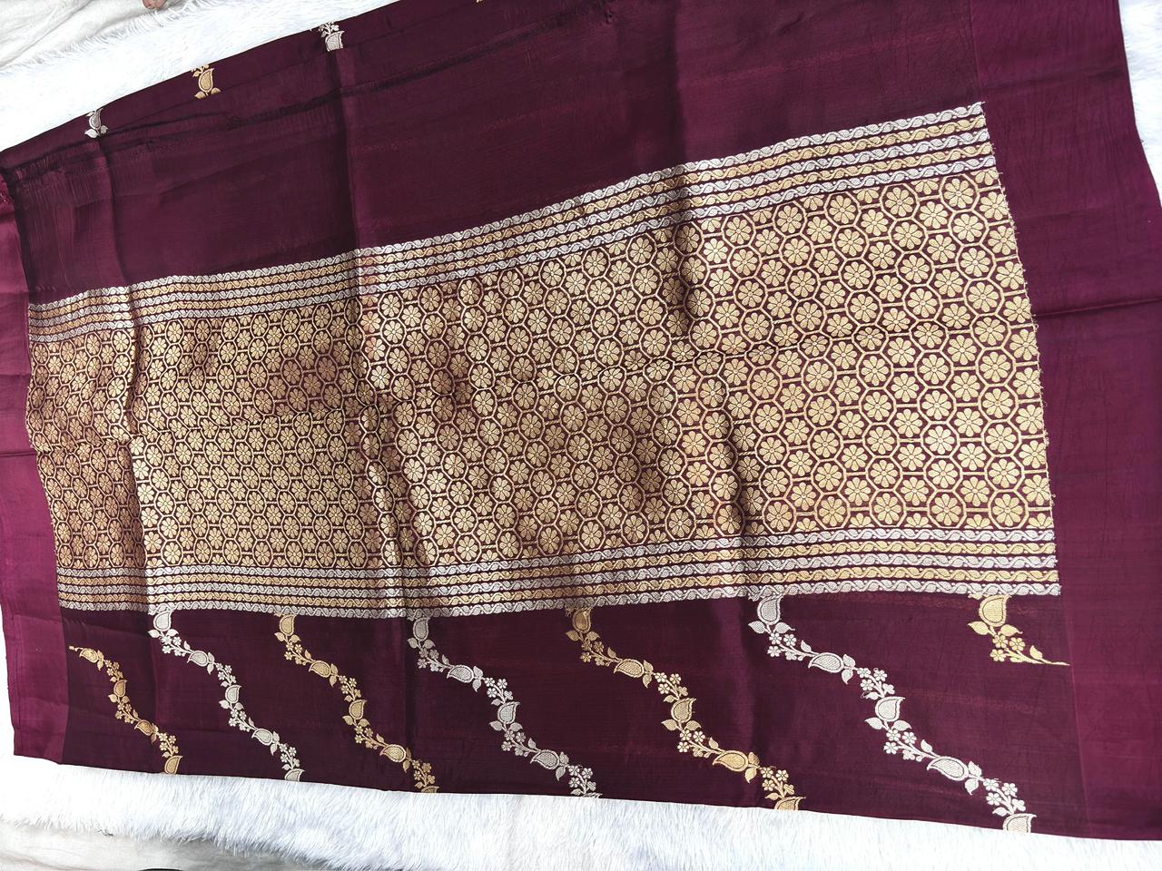 Imperial Wine Half-and-Half Katan Kadhua Handloom Saree  Color  Deep Wine / Rich Maroon with Antique Gold & Silver Zari
