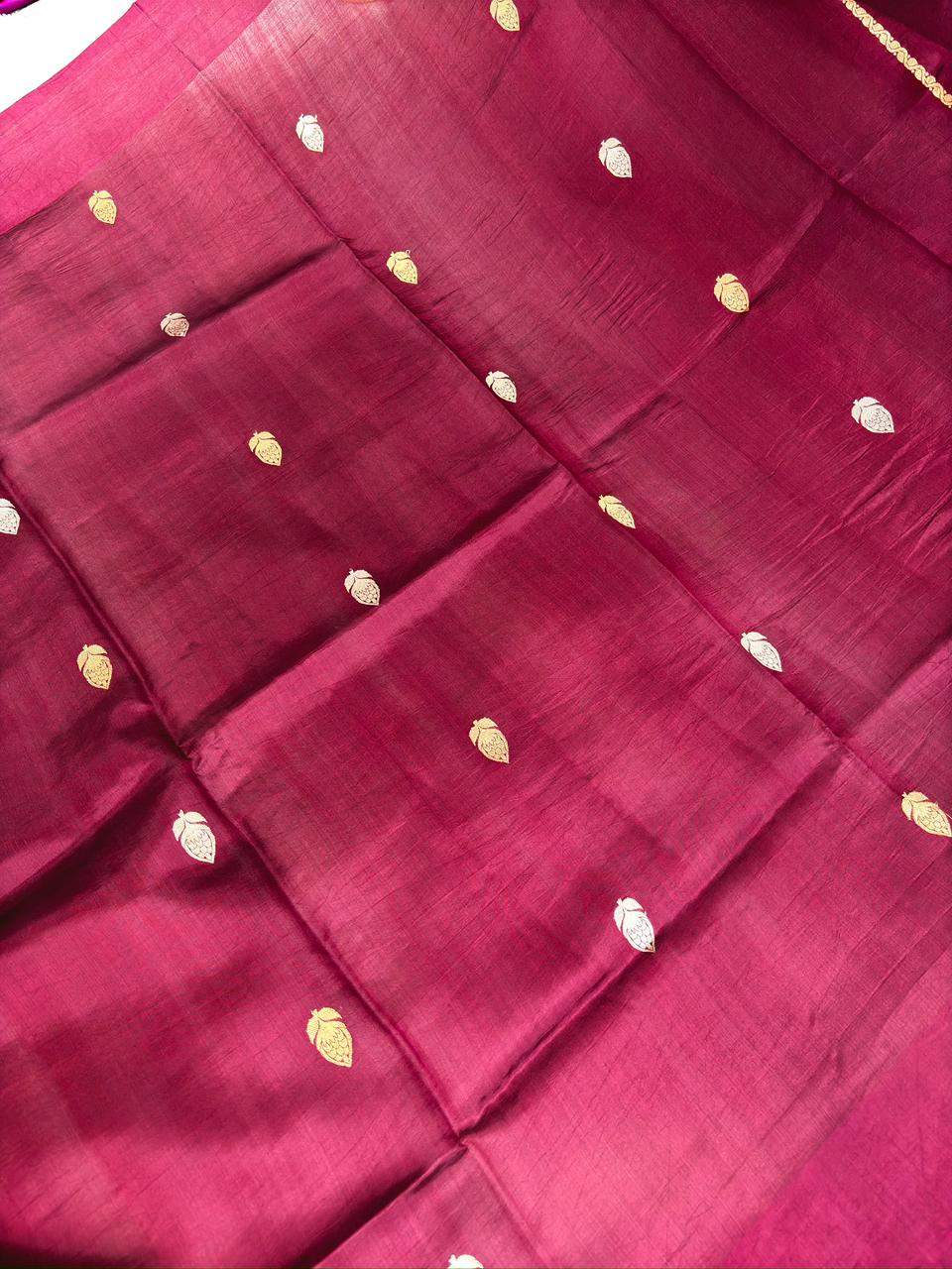 Imperial Wine Half-and-Half Katan Kadhua Handloom Saree  Color  Deep Wine / Rich Maroon with Antique Gold & Silver Zari