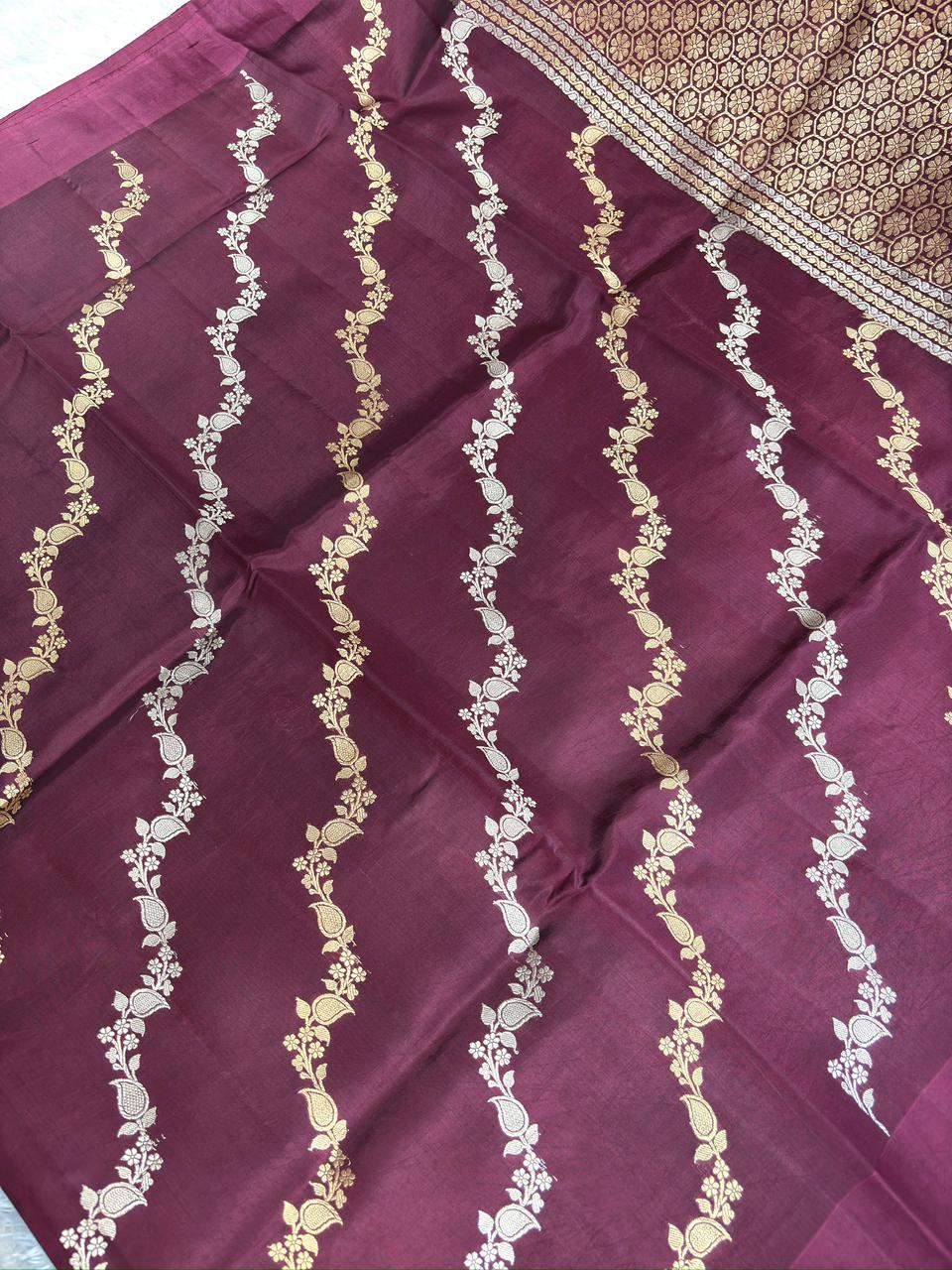 Imperial Wine Half-and-Half Katan Kadhua Handloom Saree  Color  Deep Wine / Rich Maroon with Antique Gold & Silver Zari