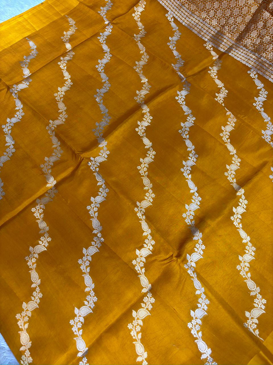 Sunlit Mustard Half-and-Half Katan Kadhua Handloom Saree  Color  Mustard Yellow / Antique Ochre with Gold & Silver Zari