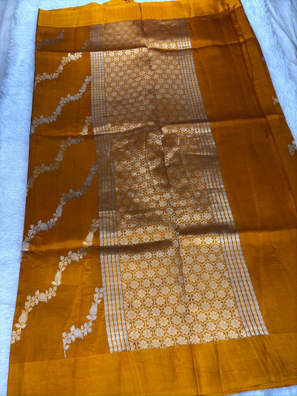 Sunlit Mustard Half-and-Half Katan Kadhua Handloom Saree  Color  Mustard Yellow / Antique Ochre with Gold & Silver Zari