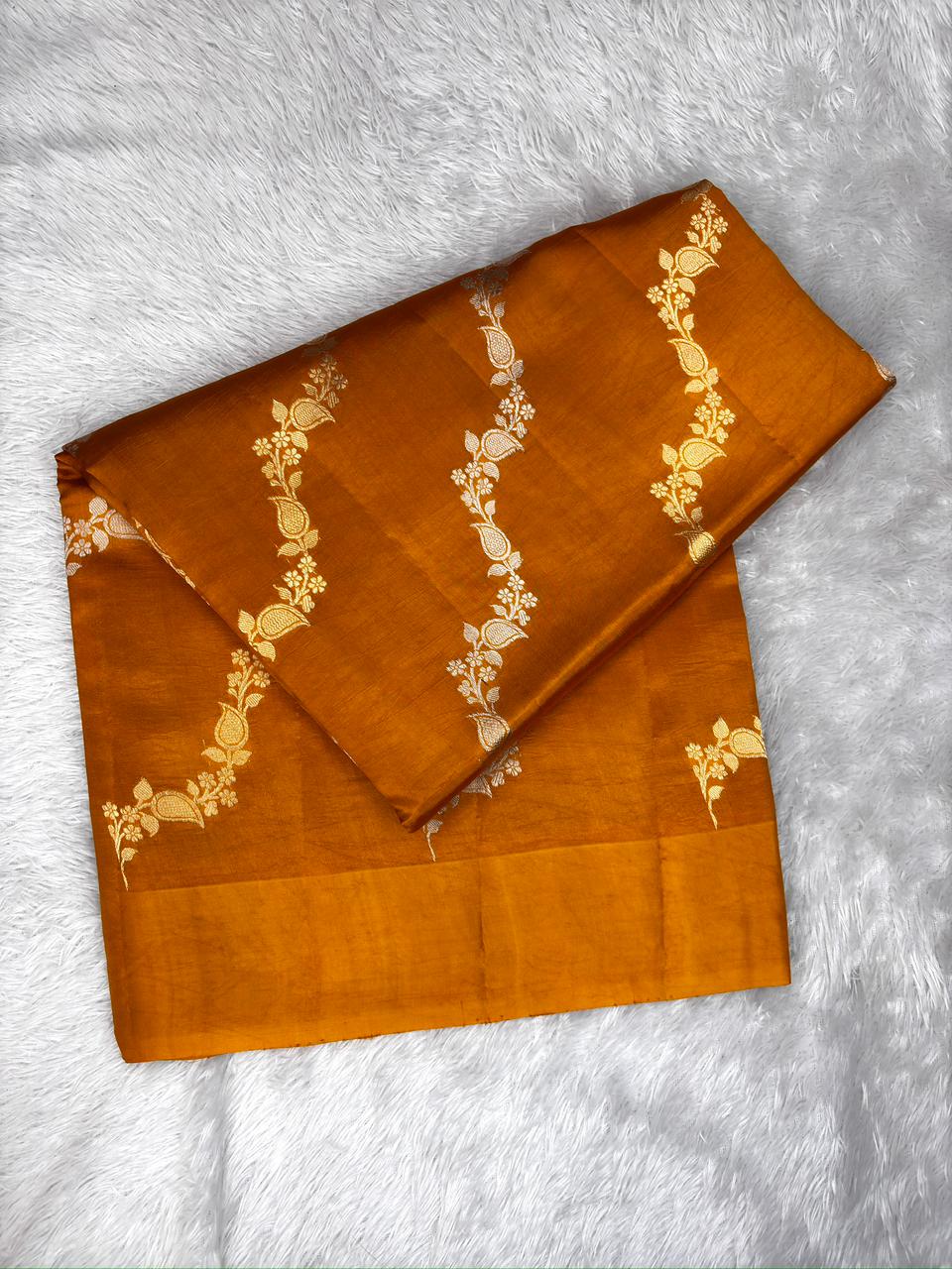 Sunlit Mustard Half-and-Half Katan Kadhua Handloom Saree  Color  Mustard Yellow / Antique Ochre with Gold & Silver Zari