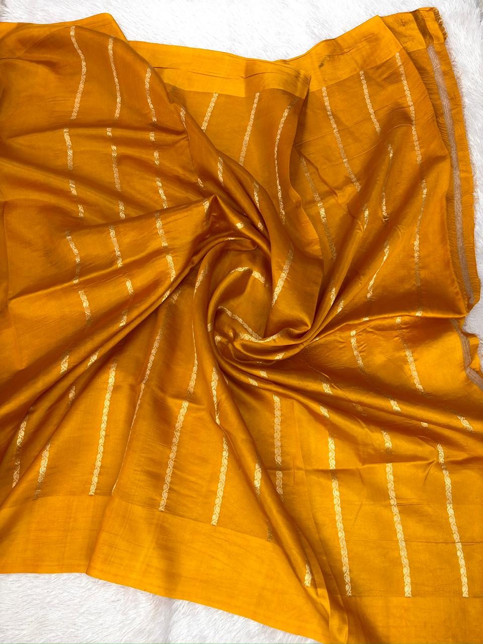 Sunlit Mustard Half-and-Half Katan Kadhua Handloom Saree  Color  Mustard Yellow / Antique Ochre with Gold & Silver Zari