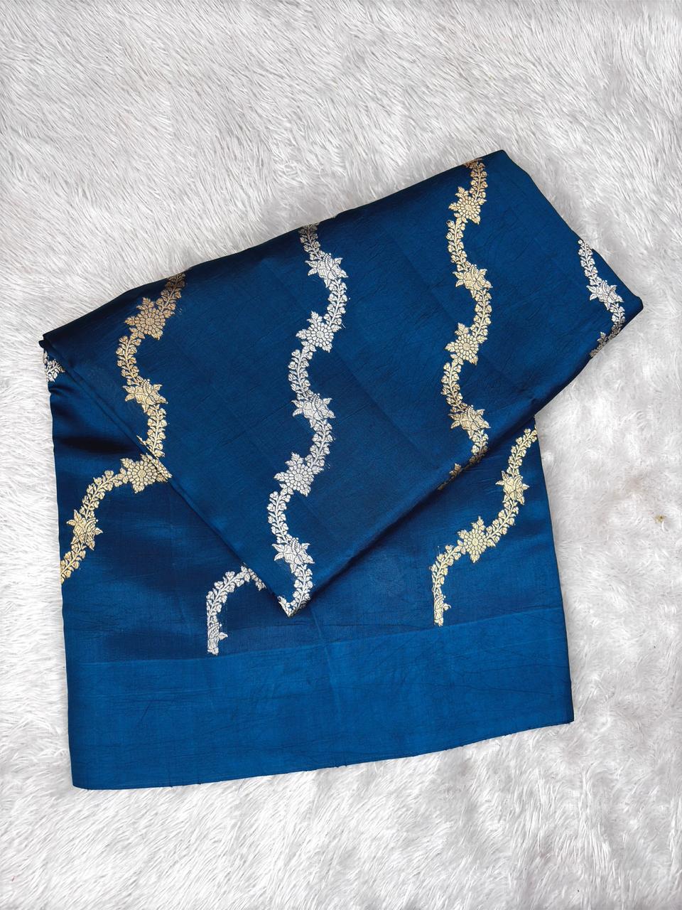 Deep Teal Half-and-Half Katan Kadhua Handloom Saree  Color  Deep Teal / Peacock Blue with Antique Gold & Silver Zari