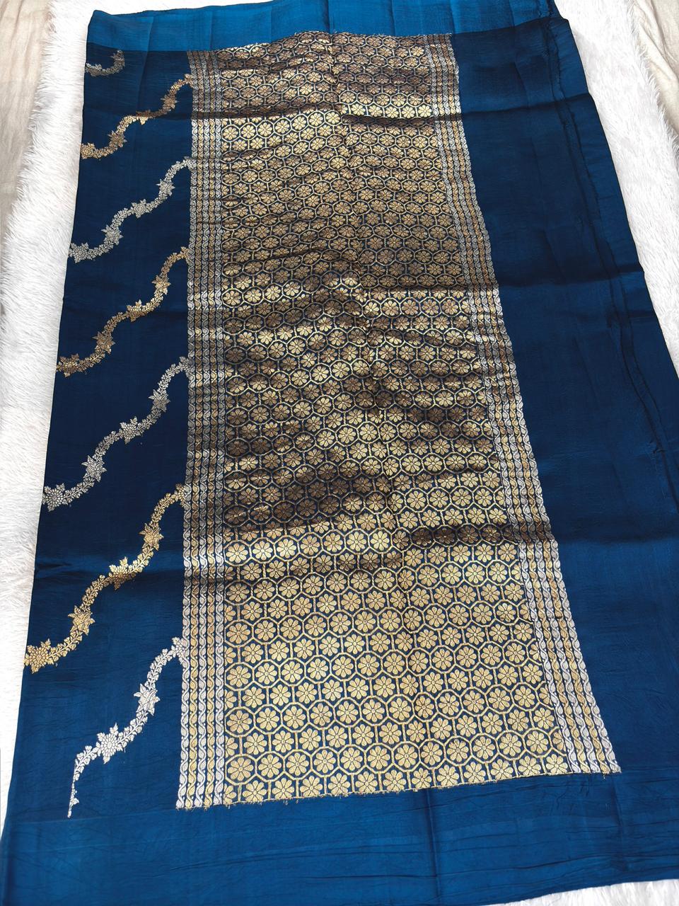 Deep Teal Half-and-Half Katan Kadhua Handloom Saree  Color  Deep Teal / Peacock Blue with Antique Gold & Silver Zari