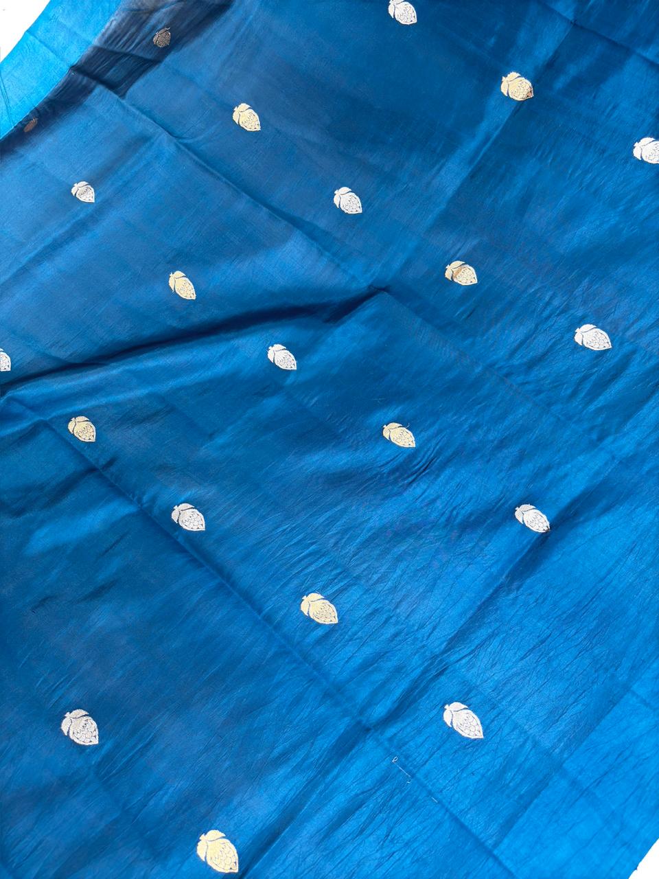Deep Teal Half-and-Half Katan Kadhua Handloom Saree  Color  Deep Teal / Peacock Blue with Antique Gold & Silver Zari