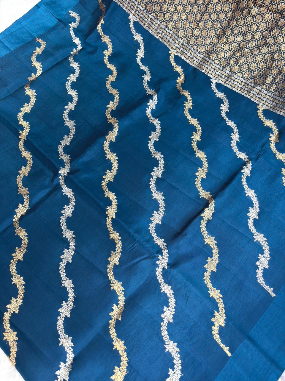 Deep Teal Half-and-Half Katan Kadhua Handloom Saree  Color  Deep Teal / Peacock Blue with Antique Gold & Silver Zari