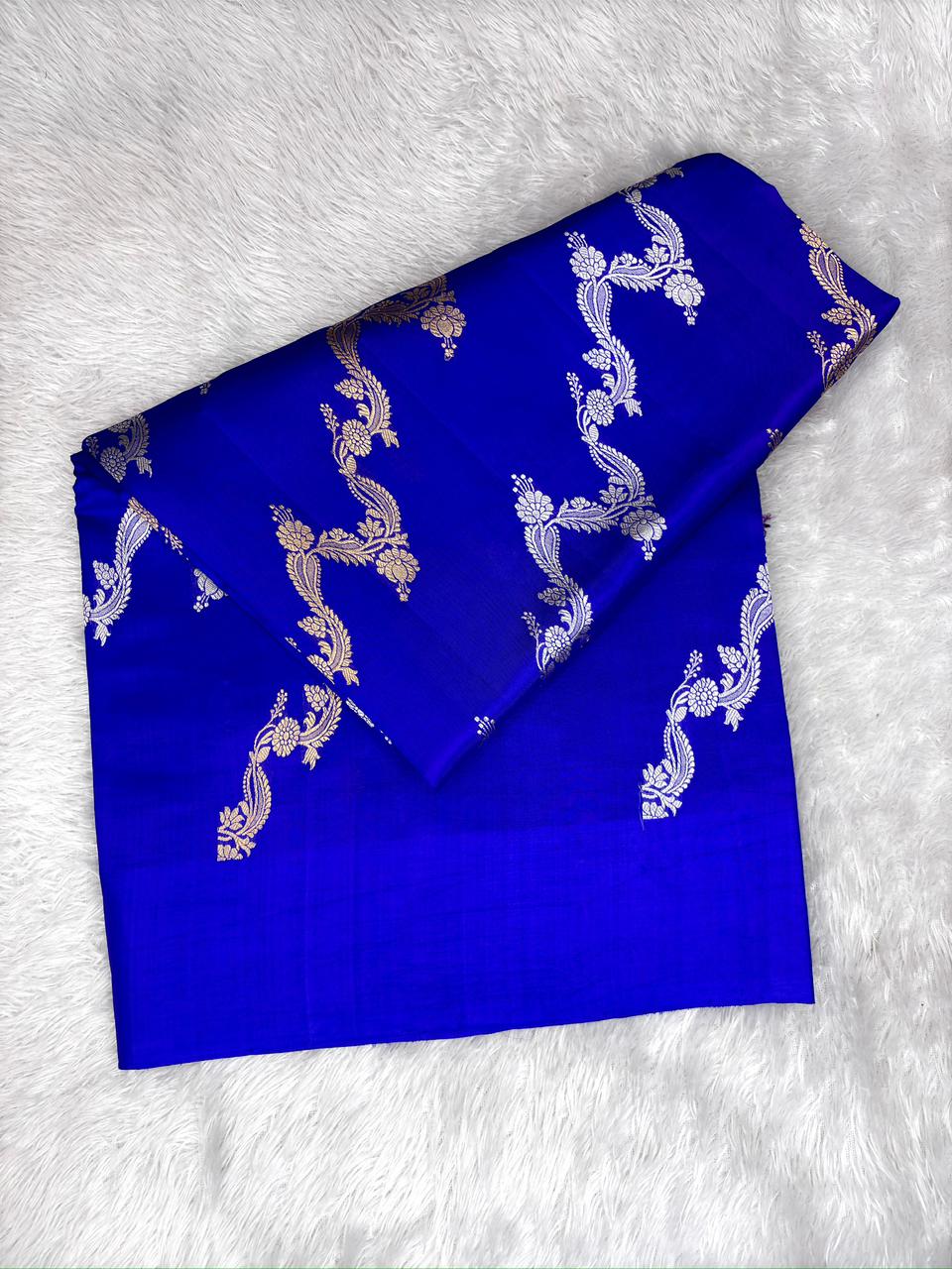 Royal Cobalt Half-and-Half Katan Kadhua Handloom Saree  Color  Royal Blue / Cobalt Blue with Antique Gold & Silver Zari