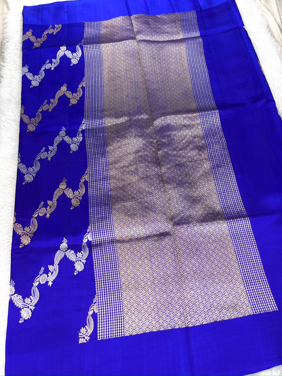Royal Cobalt Half-and-Half Katan Kadhua Handloom Saree  Color  Royal Blue / Cobalt Blue with Antique Gold & Silver Zari