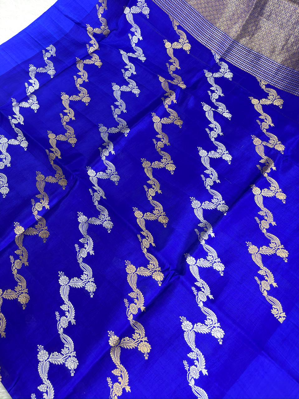Royal Cobalt Half-and-Half Katan Kadhua Handloom Saree  Color  Royal Blue / Cobalt Blue with Antique Gold & Silver Zari
