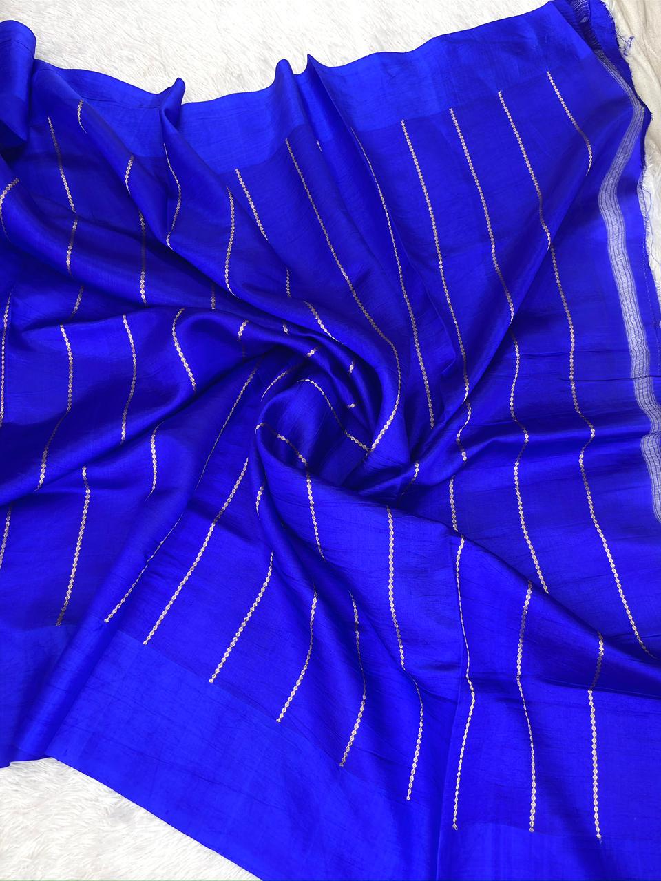 Royal Cobalt Half-and-Half Katan Kadhua Handloom Saree  Color  Royal Blue / Cobalt Blue with Antique Gold & Silver Zari