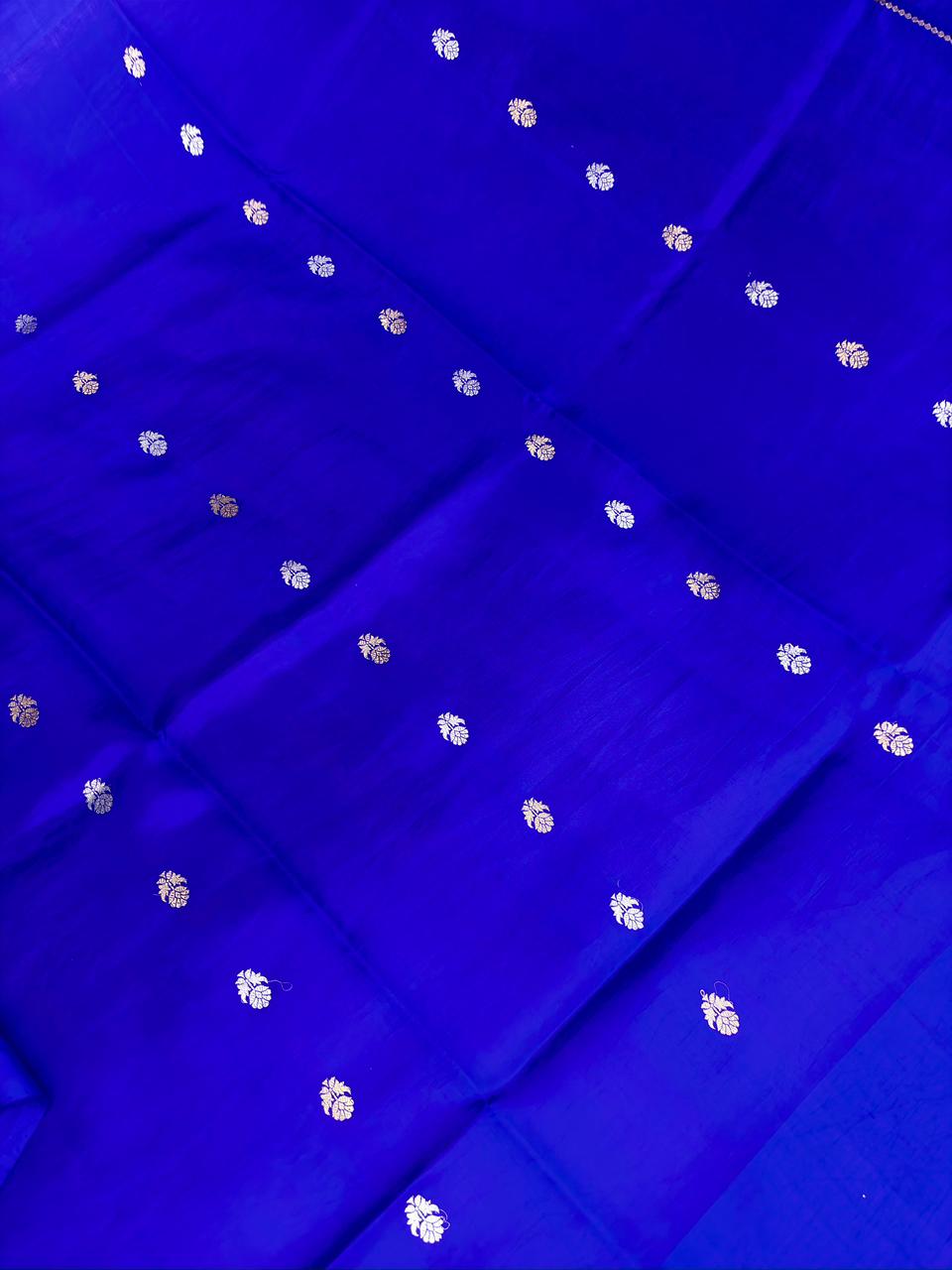 Royal Cobalt Half-and-Half Katan Kadhua Handloom Saree  Color  Royal Blue / Cobalt Blue with Antique Gold & Silver Zari