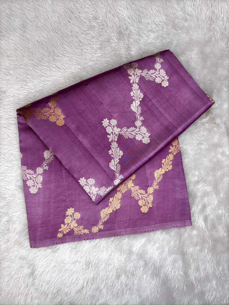 Regal Plum Half-and-Half Katan Kadhua Handloom Saree  Color  Plum / Wine Purple with Antique Gold & Silver Zari