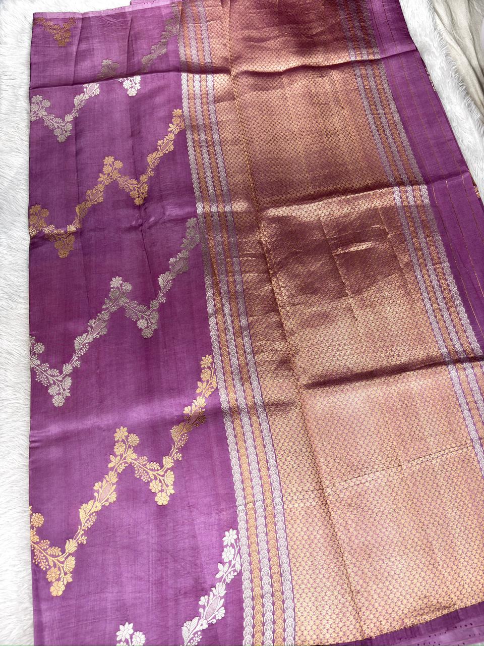 Regal Plum Half-and-Half Katan Kadhua Handloom Saree  Color  Plum / Wine Purple with Antique Gold & Silver Zari