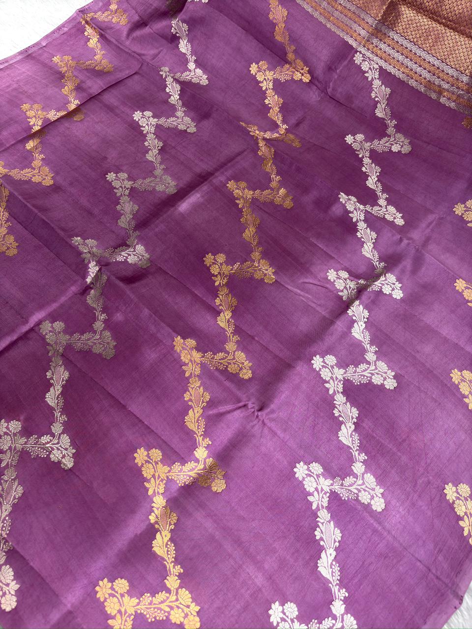Regal Plum Half-and-Half Katan Kadhua Handloom Saree  Color  Plum / Wine Purple with Antique Gold & Silver Zari