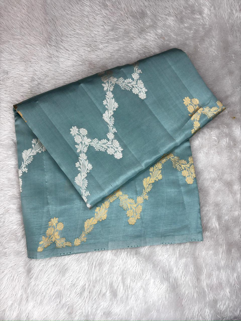 Serene Teal Half-and-Half Katan Kadhua Handloom Saree
