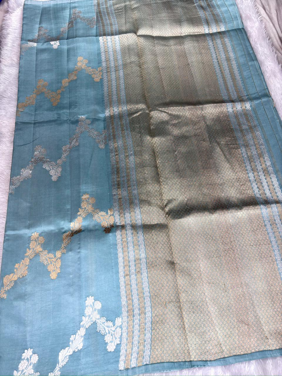 Serene Teal Half-and-Half Katan Kadhua Handloom Saree