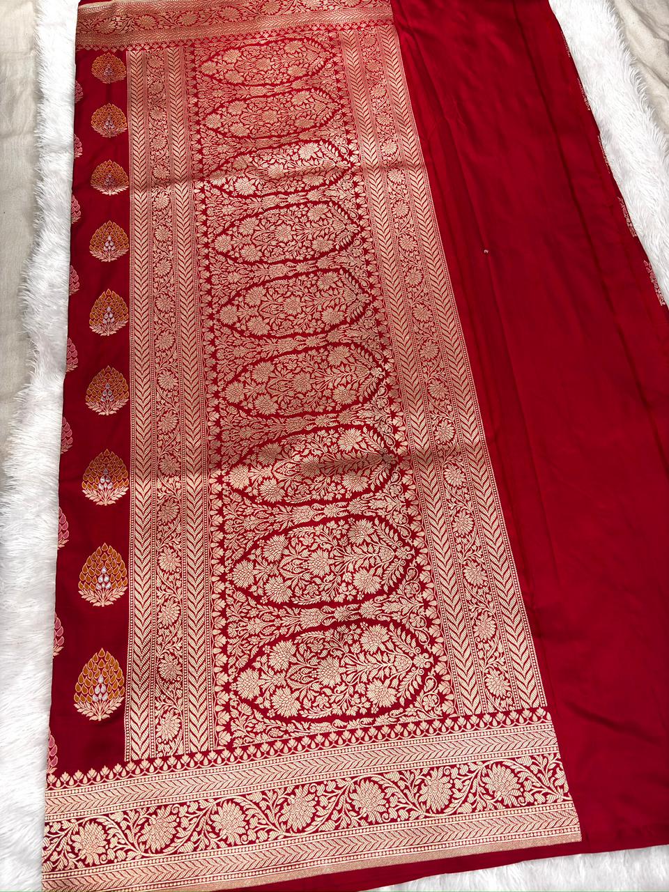 Deep Crimson Red Katan Jungla Meenakari Cutwork Saree with Multicolour Meenakari & Antique Gold Zari