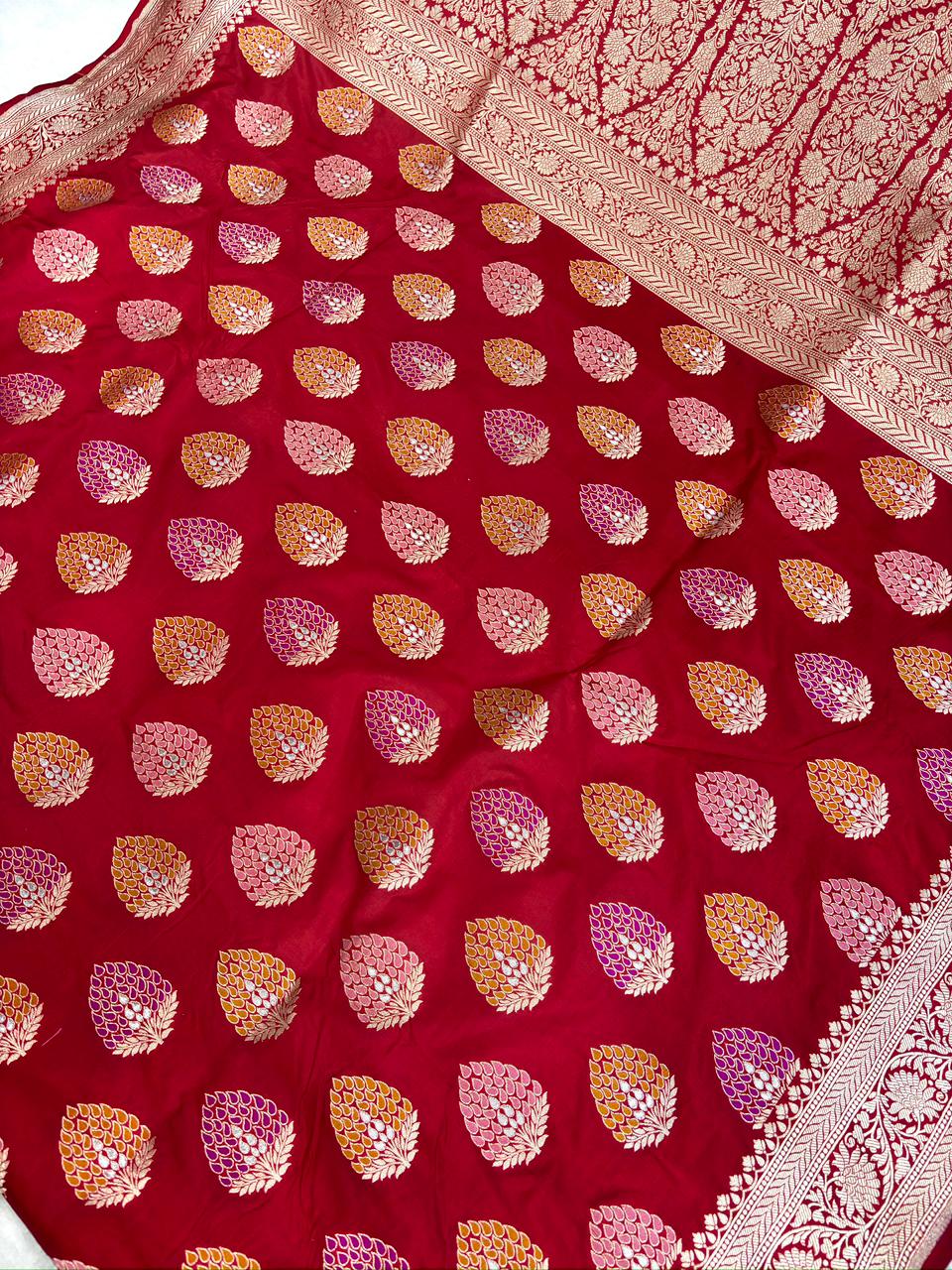 Deep Crimson Red Katan Jungla Meenakari Cutwork Saree with Multicolour Meenakari & Antique Gold Zari