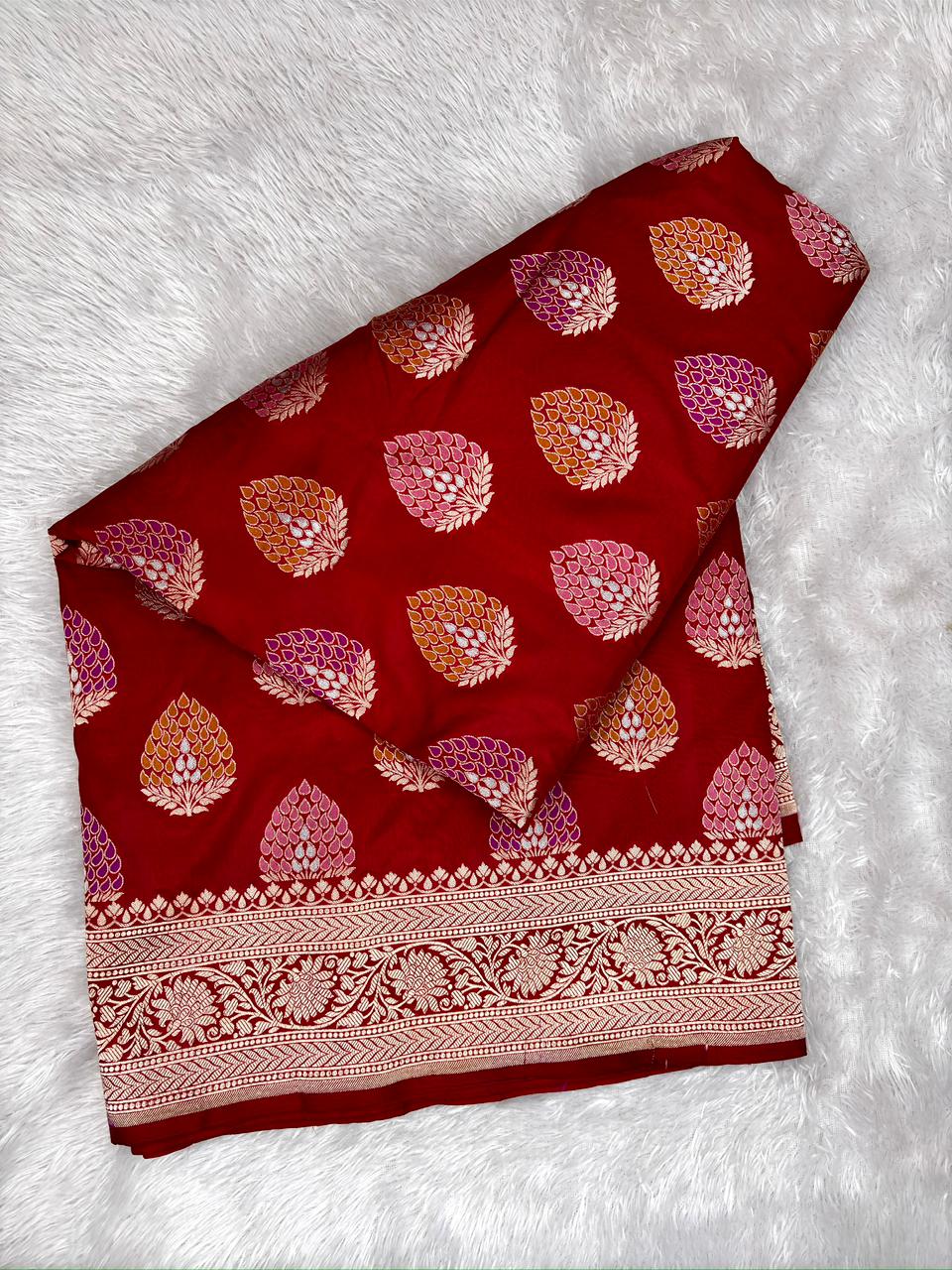Deep Crimson Red Katan Jungla Meenakari Cutwork Saree with Multicolour Meenakari & Antique Gold Zari