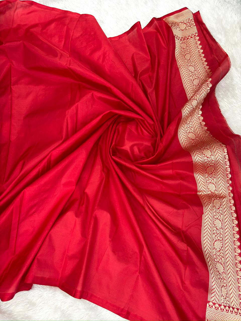 Deep Crimson Red Katan Jungla Meenakari Cutwork Saree with Multicolour Meenakari & Antique Gold Zari