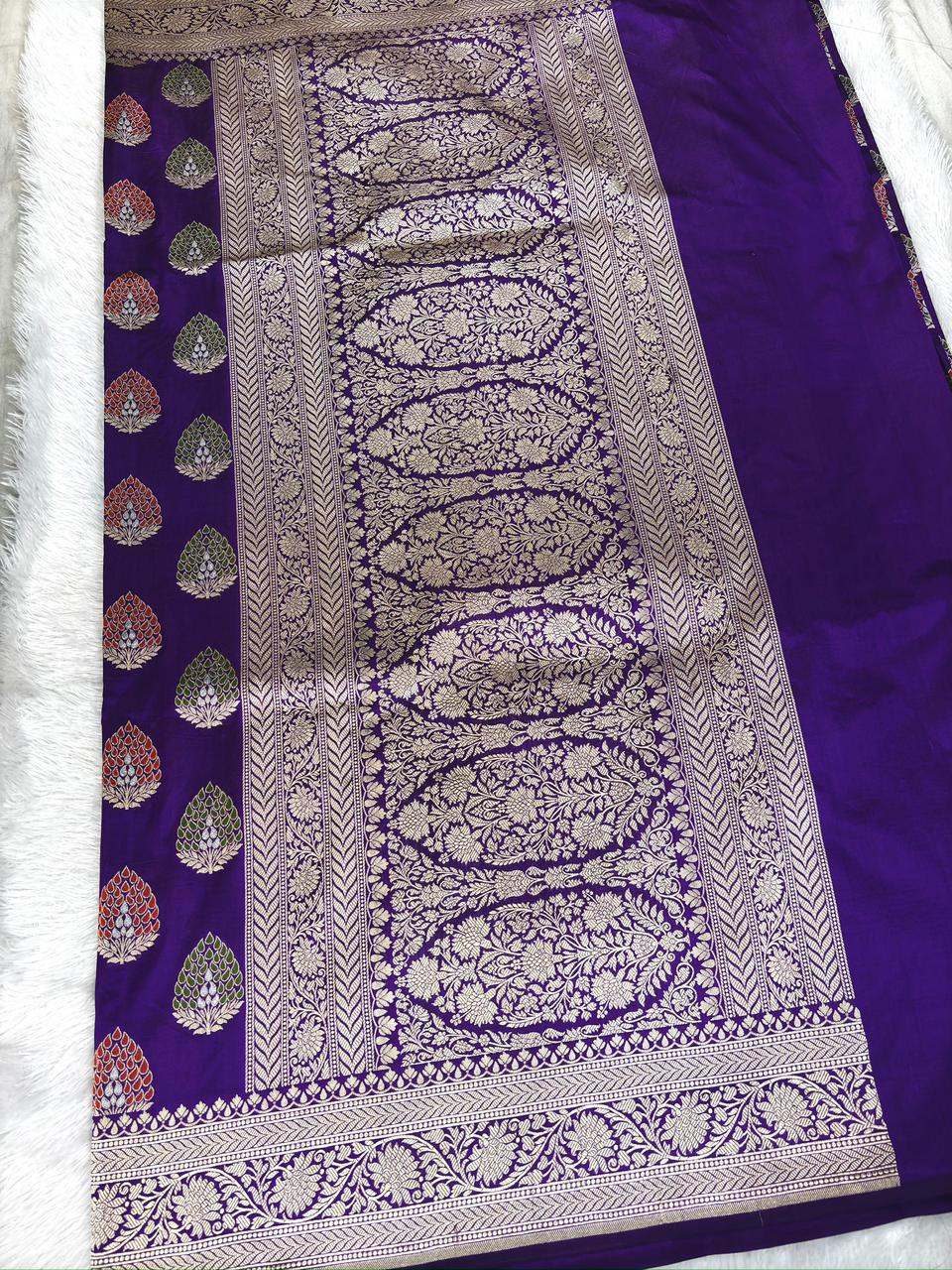 Royal Purple Katan Jungla Meenakari Cutwork Saree with Multicolour Meenakari & Antique Gold Zari