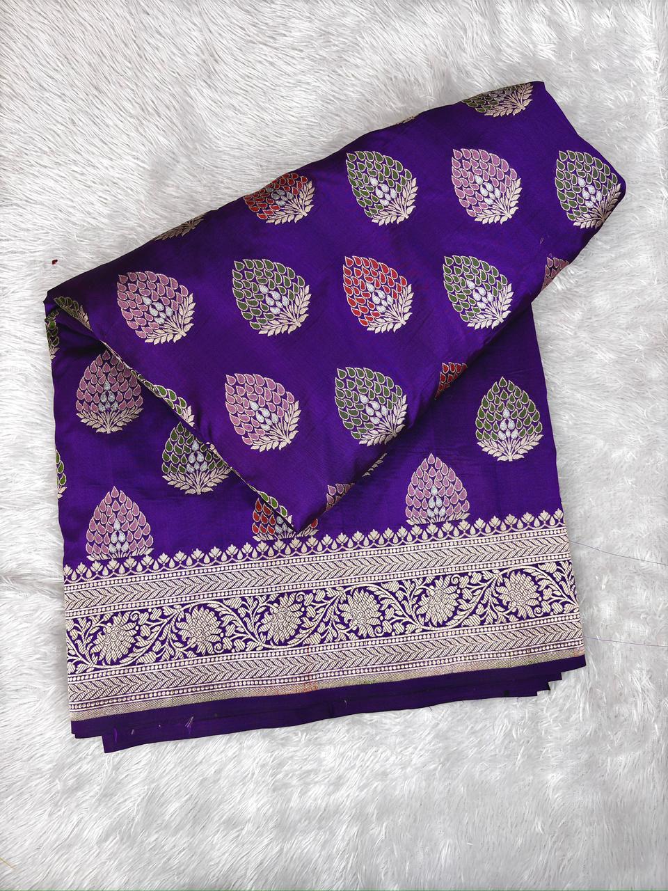 Royal Purple Katan Jungla Meenakari Cutwork Saree with Multicolour Meenakari & Antique Gold Zari