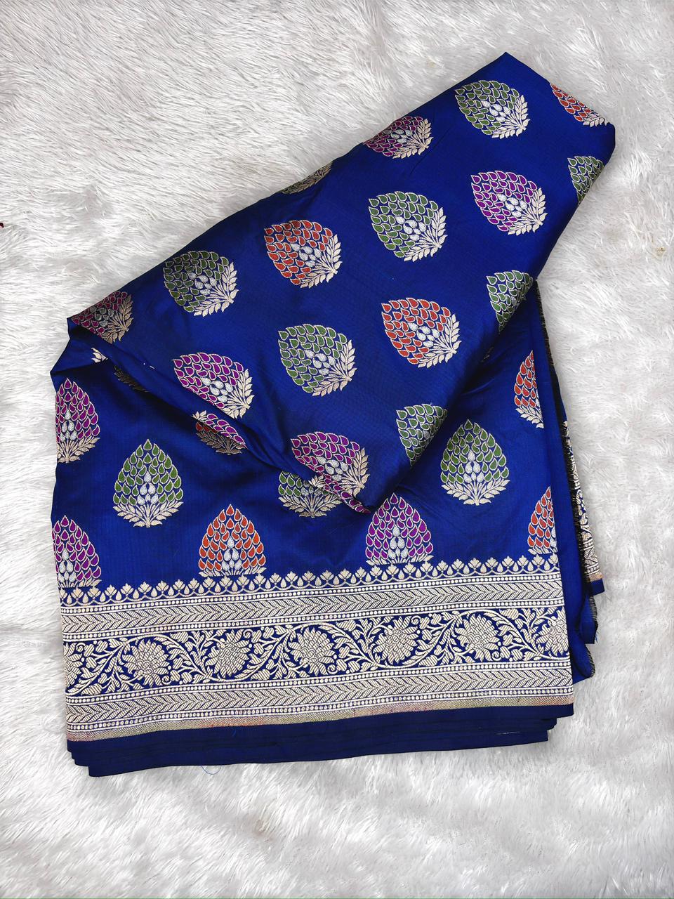 Royal Blue Katan Jungla Meenakari Cutwork Saree with Multicolour Meenakari & Antique Gold Zari